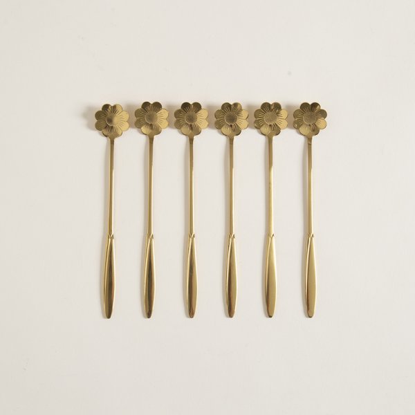 SET X 6 CUCHARAS DE ACERO DORADO DISEÑO FLOR 18CM
