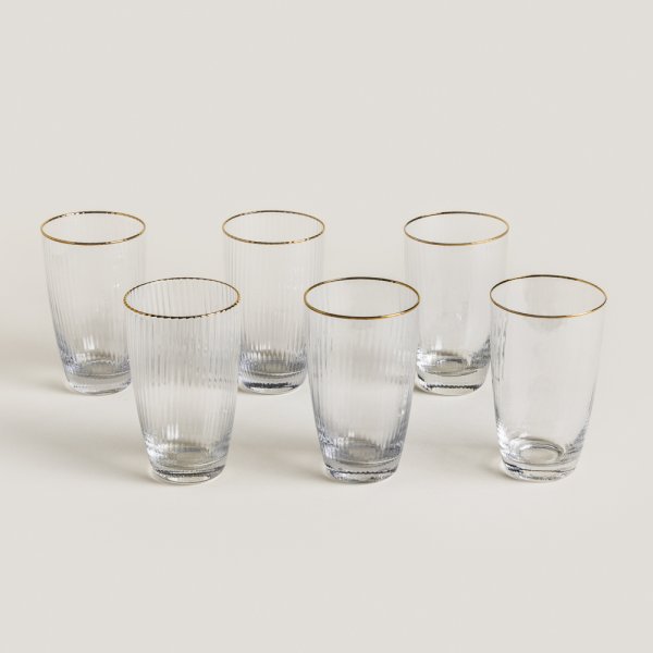 SET X 6 VASOS ALTOS DE VIDRIO RAYADO BORDE DORADO