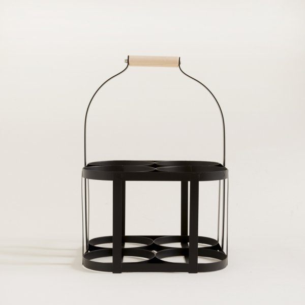 PORTABOTELLAS X4 NEGRO C/ MANIJA DE MADERA 22X22X32 CM DIAM 11CM
