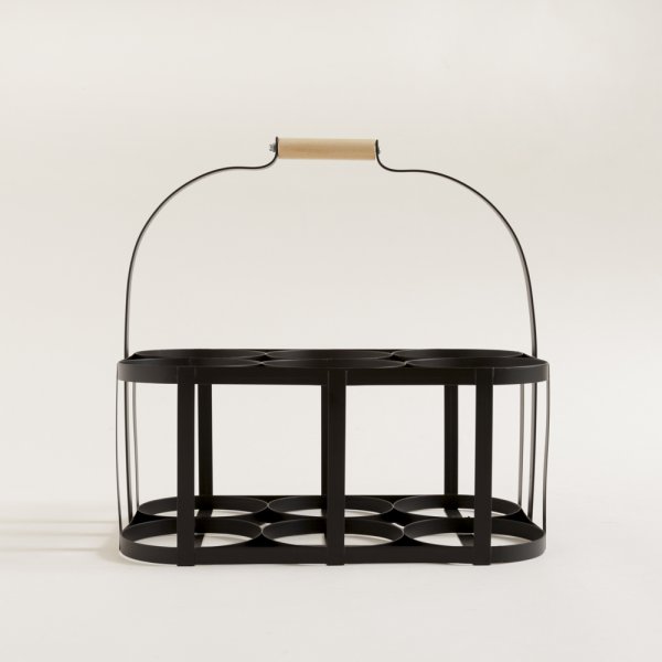 PORTABOTELLAS X6 NEGRO C/ MANIJA DE MADERA 33X22X32 CM DIAM 11CM
