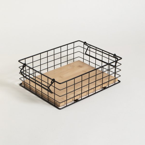 CANASTO NEGRO CON ASAS BASE BAMBOO 30,5X23,5X10 CM