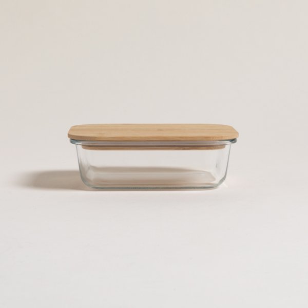 TUPPER DE VIDRIO RECTANGULAR CON TAPA DE BAMBU 600 ML
