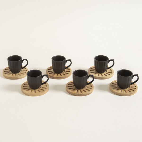 SET X6 TAZAS DE PORCELANA NEGRA RAYADAS PLATO DE BAMBOO 80ML