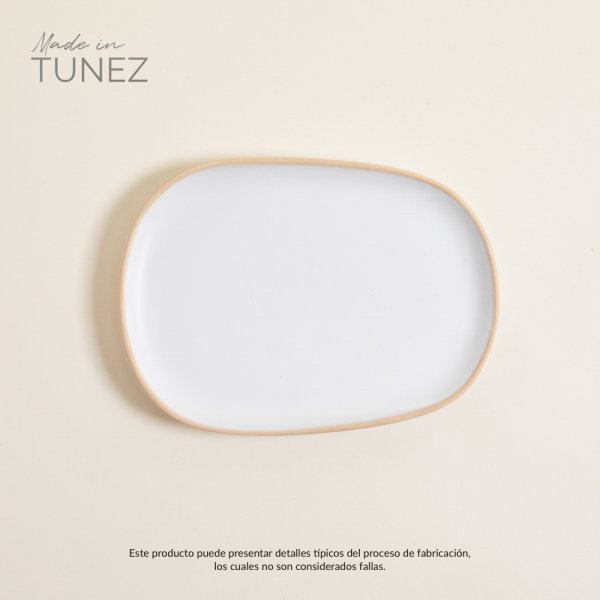 PLATO POSTRE ZARZIS BLANCO CON BORDE NATURAL 23.5X16.5 CM