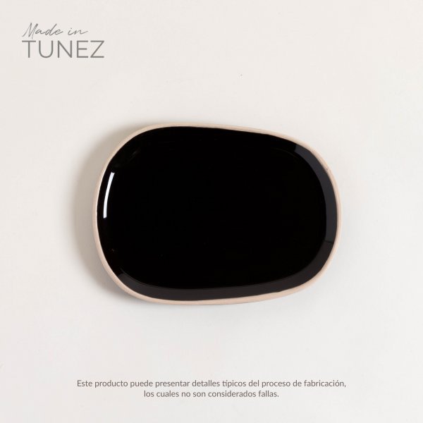 PLATO POSTRE ZARZIS NEGRO BRILLANTE CON BORDE NATURAL 23.5X16.5 CM