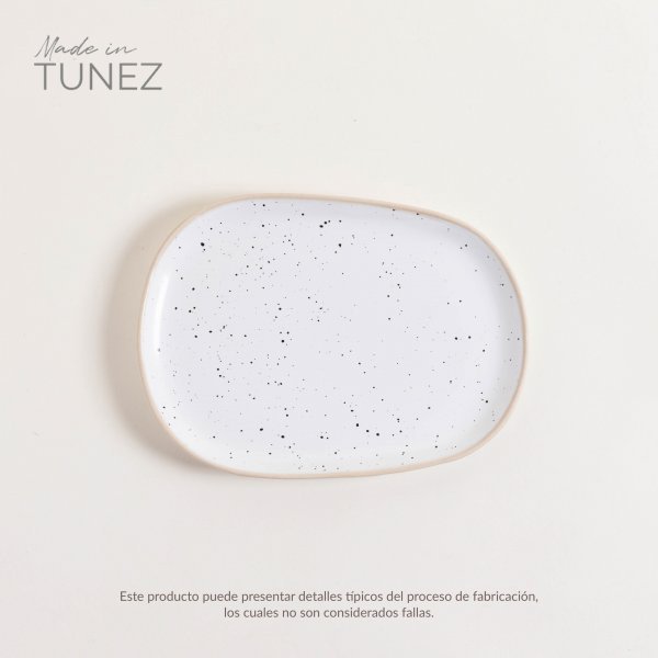 PLATO POSTRE ZARZIS BLANCO DOTS CON BORDE NATURAL 23.5X16.5 CM