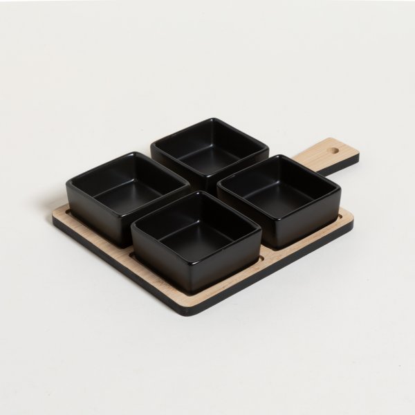 SET X 4 COPETINEROS DE PORCELANA BASE BAMBOO NEGRO 19,5X19,5 CM — imagen 1
