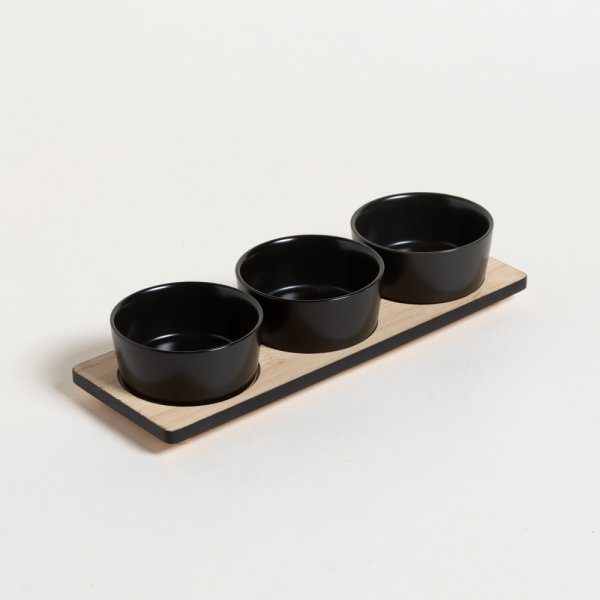SET X 3 COPETINEROS DE PORCELANA BASE BAMBOO NEGRO 28,5X9,5 CM — imagen 1