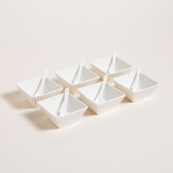 SET X 6 COPETINEROS Y CUCHARAS DE PORCELANA RAYAS 8,5X4 CM