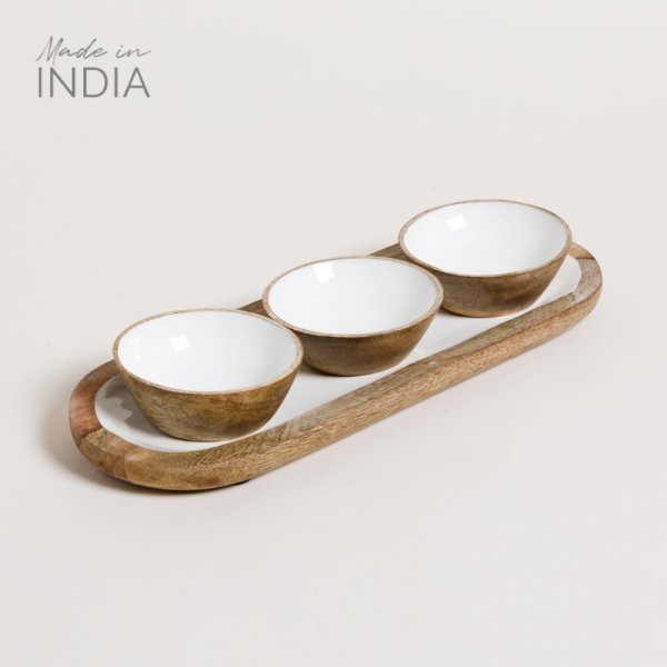 SET X 3 BOWLS Y BANDEJA MADERA ESMALTADA SAHA 36X13,5 CM