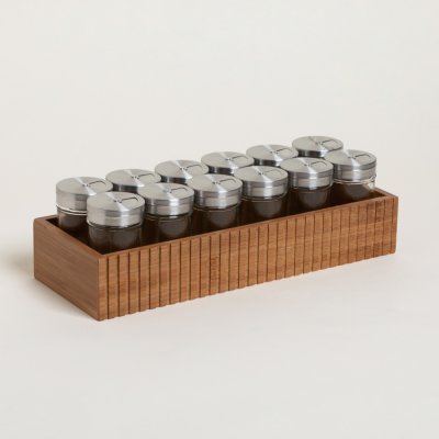 SET X 12 ESPECIEROS DE VIDRIO CON BASE DE MADERA DE BAMBOO 11,5X31,5 CM