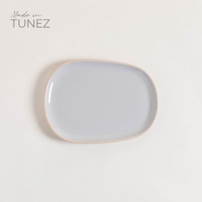 PLATO POSTRE ZARZIS GRIS CLARO BRILLANTE CON BORDE NATURAL 23.5X16.5 CM